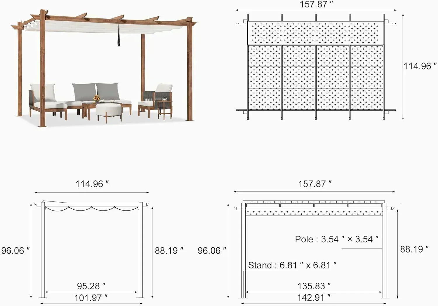 PURPLE LEAF Outdoor Retractable Pergola with Sun Shade Canopy Patio Metal Shelter for Garden Pavilion Natural Wood Grain Frame Grill Gazebo - Image 88