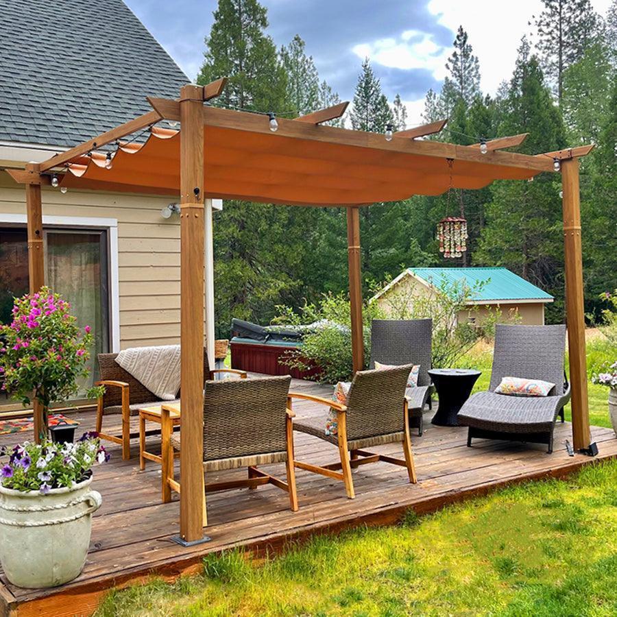 PURPLE LEAF Outdoor Retractable Pergola with Sun Shade Canopy Patio Metal Shelter for Garden Pavilion Natural Wood Grain Frame Grill Gazebo - Image 13