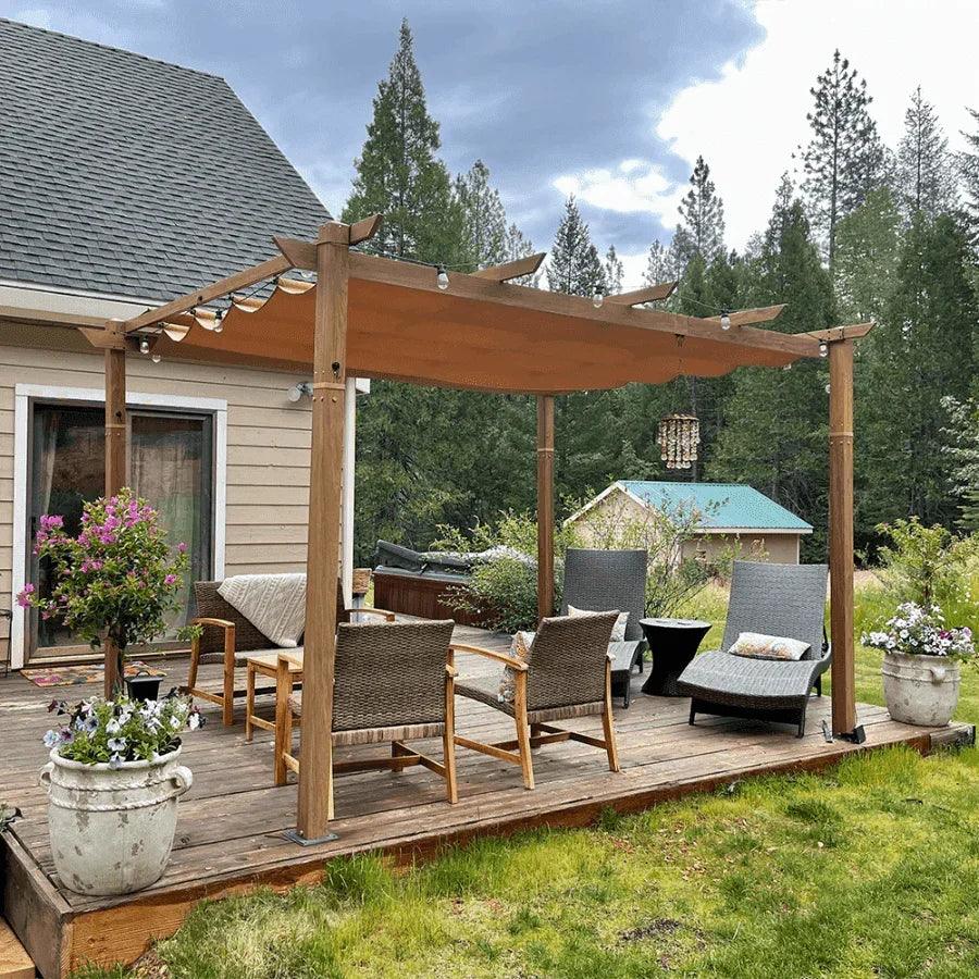 PURPLE LEAF Outdoor Retractable Pergola with Sun Shade Canopy Patio Metal Shelter for Garden Pavilion Natural Wood Grain Frame Grill Gazebo - Image 14