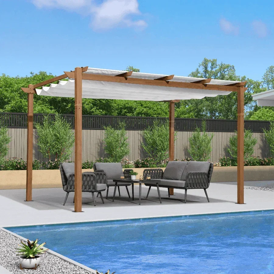 PURPLE LEAF Outdoor Retractable Pergola with Sun Shade Canopy Patio Metal Shelter for Garden Pavilion Natural Wood Grain Frame Grill Gazebo - Image 32
