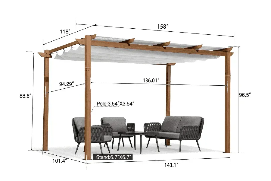 PURPLE LEAF Outdoor Retractable Pergola with Sun Shade Canopy Patio Metal Shelter for Garden Pavilion Natural Wood Grain Frame Grill Gazebo - Image 33