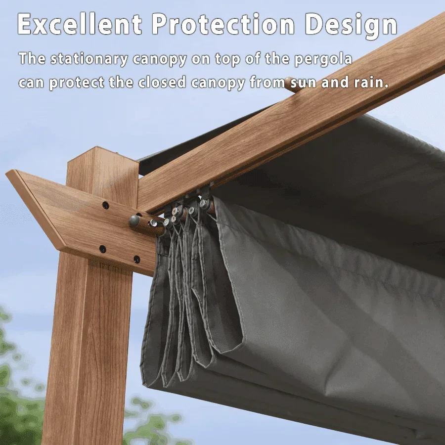 PURPLE LEAF Outdoor Retractable Pergola with Sun Shade Canopy Patio Metal Shelter for Garden Pavilion Natural Wood Grain Frame Grill Gazebo - Image 39
