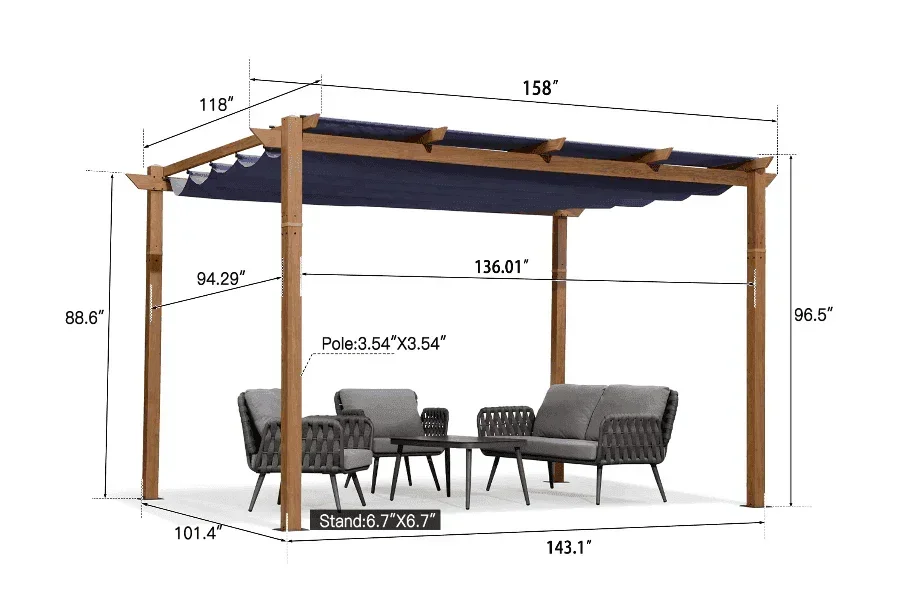 PURPLE LEAF Outdoor Retractable Pergola with Sun Shade Canopy Patio Metal Shelter for Garden Pavilion Natural Wood Grain Frame Grill Gazebo - Image 46