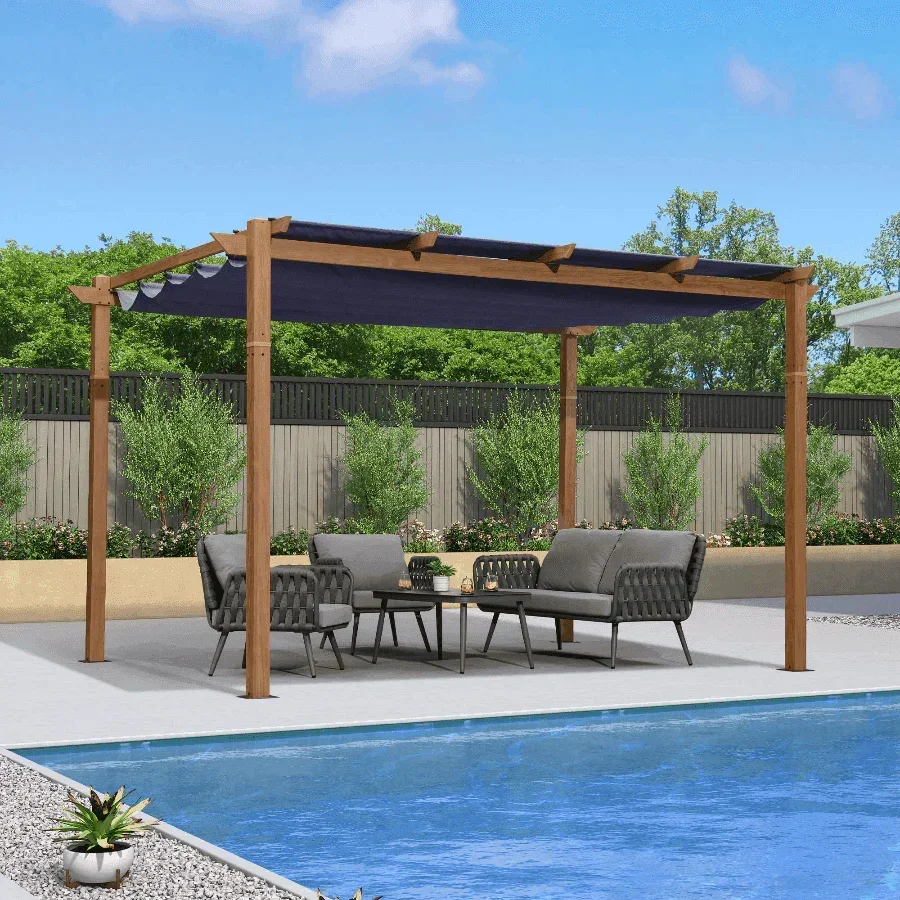 PURPLE LEAF Outdoor Retractable Pergola with Sun Shade Canopy Patio Metal Shelter for Garden Pavilion Natural Wood Grain Frame Grill Gazebo - Image 50