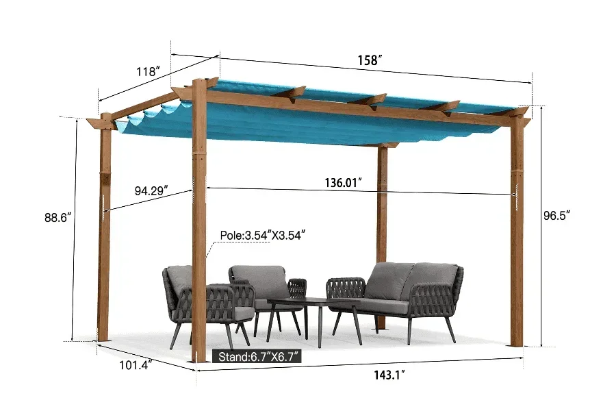 PURPLE LEAF Outdoor Retractable Pergola with Sun Shade Canopy Patio Metal Shelter for Garden Pavilion Natural Wood Grain Frame Grill Gazebo - Image 53