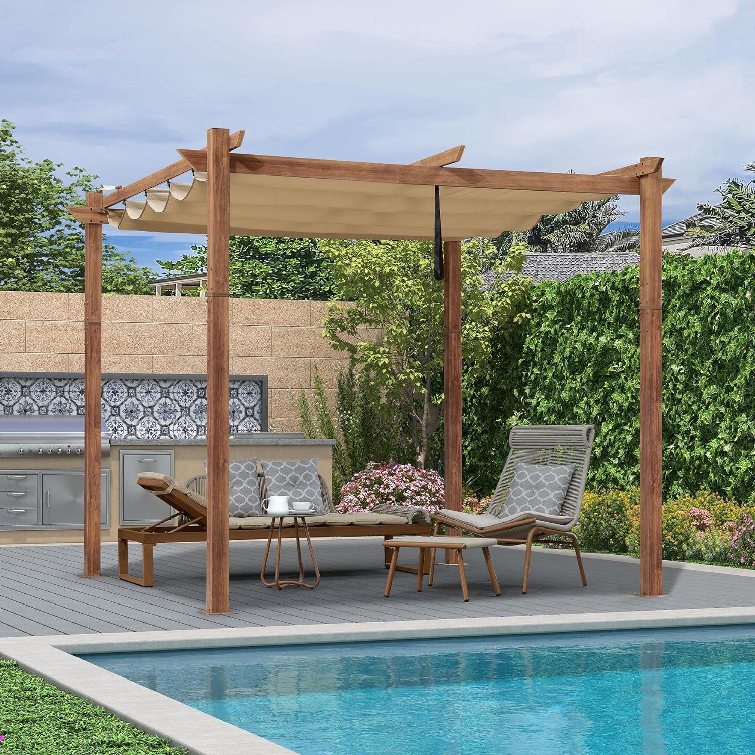 PURPLE LEAF Outdoor Retractable Pergola with Sun Shade Canopy Patio Metal Shelter for Garden Pavilion Natural Wood Grain Frame Grill Gazebo - Image 4