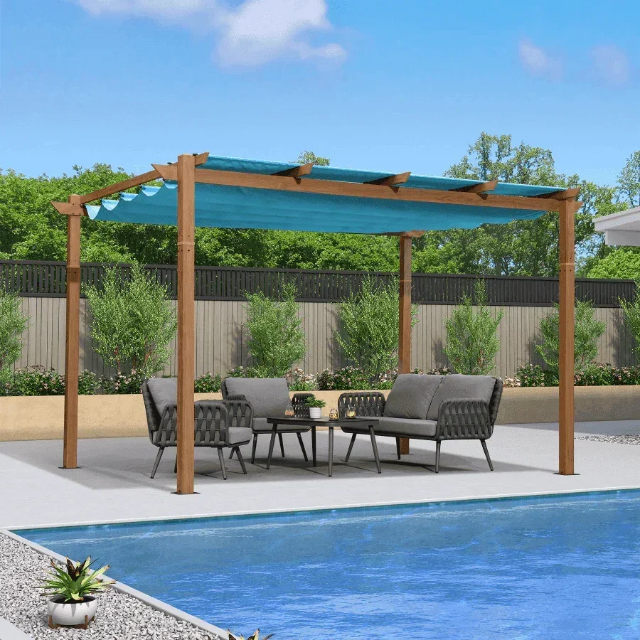 PURPLE LEAF Outdoor Retractable Pergola with Sun Shade Canopy Patio Metal Shelter for Garden Pavilion Natural Wood Grain Frame Grill Gazebo - Image 58