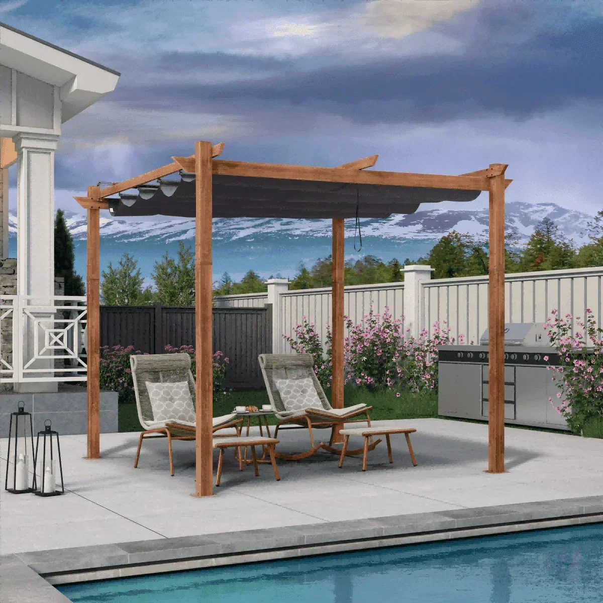 PURPLE LEAF Outdoor Retractable Pergola with Sun Shade Canopy Patio Metal Shelter for Garden Pavilion Natural Wood Grain Frame Grill Gazebo - Image 59