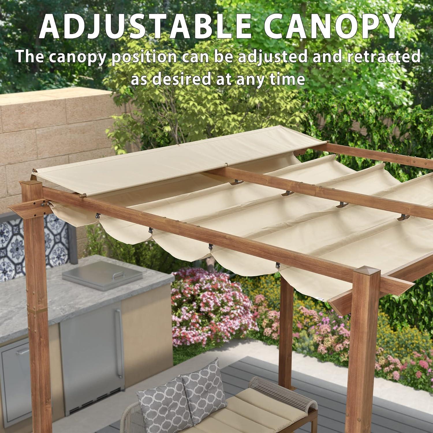 PURPLE LEAF Outdoor Retractable Pergola with Sun Shade Canopy Patio Metal Shelter for Garden Pavilion Natural Wood Grain Frame Grill Gazebo - Image 61