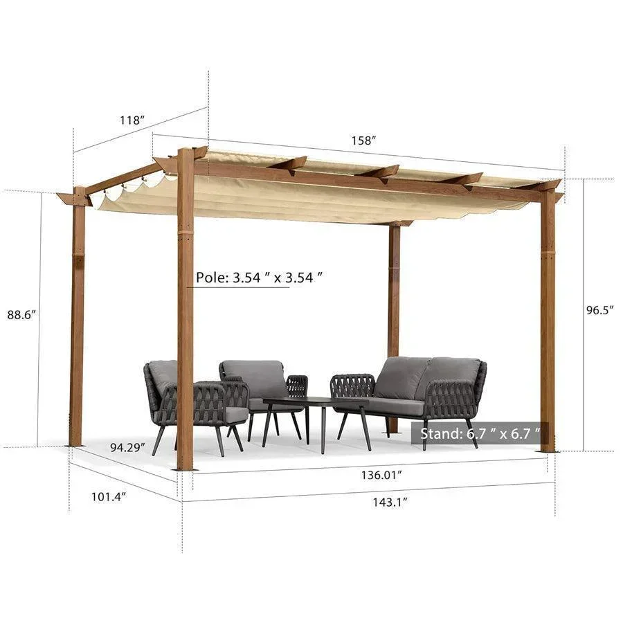 PURPLE LEAF Outdoor Retractable Pergola with Sun Shade Canopy Patio Metal Shelter for Garden Pavilion Natural Wood Grain Frame Grill Gazebo - Image 62