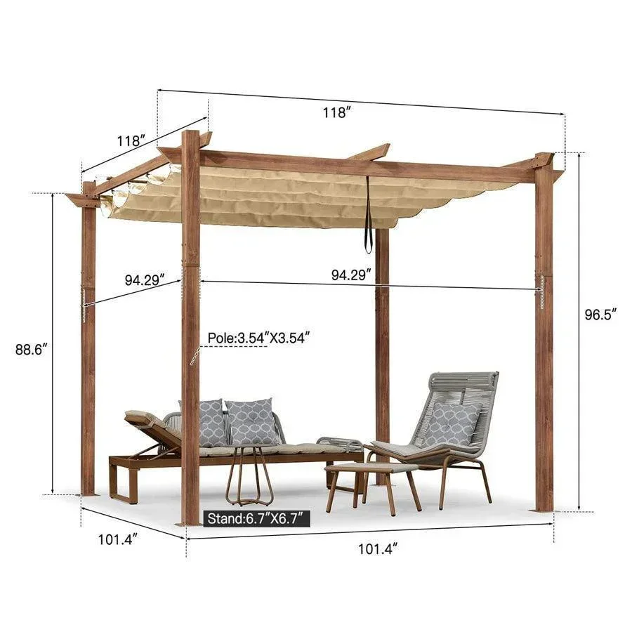 PURPLE LEAF Outdoor Retractable Pergola with Sun Shade Canopy Patio Metal Shelter for Garden Pavilion Natural Wood Grain Frame Grill Gazebo - Image 63