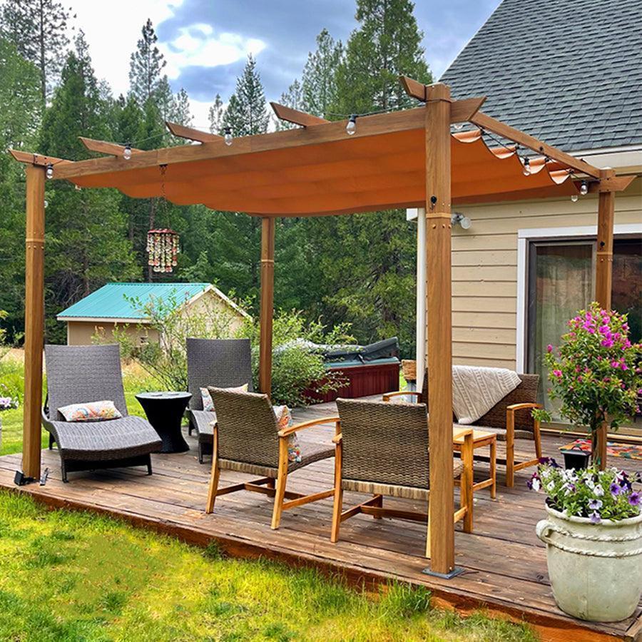 PURPLE LEAF Outdoor Retractable Pergola with Sun Shade Canopy Patio Metal Shelter for Garden Pavilion Natural Wood Grain Frame Grill Gazebo - Image 7