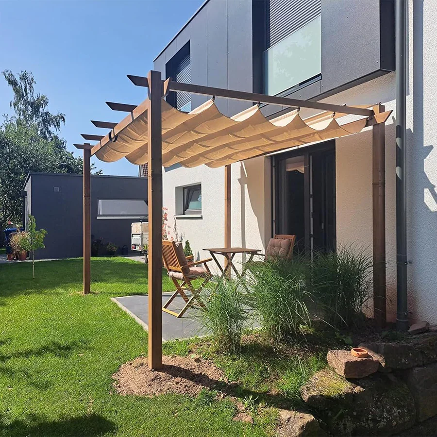 PURPLE LEAF Outdoor Retractable Pergola with Sun Shade Canopy Patio Metal Shelter for Garden Pavilion Natural Wood Grain Frame Grill Gazebo - Image 107