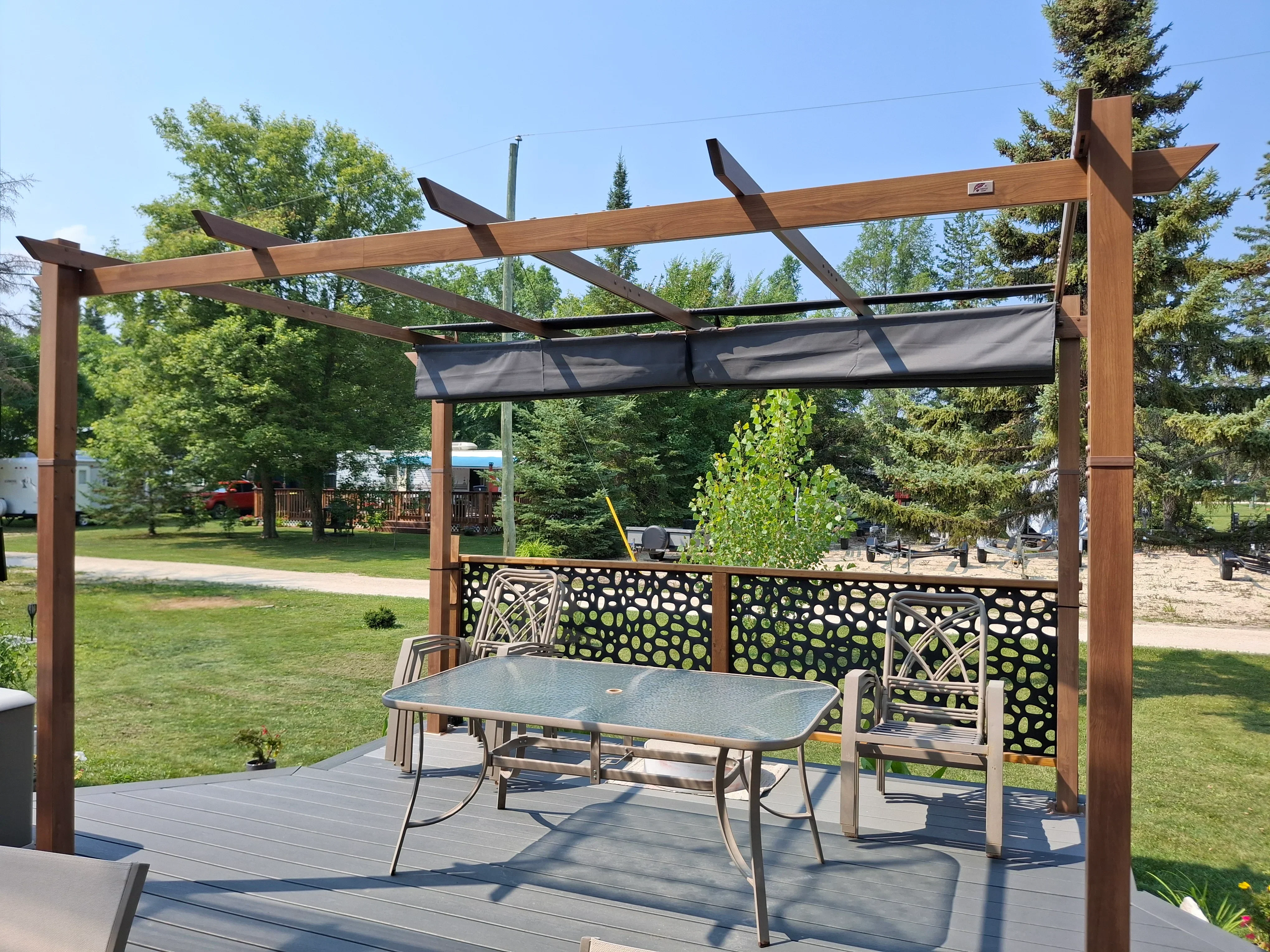 PURPLE LEAF Outdoor Retractable Pergola with Sun Shade Canopy Patio Metal Shelter for Garden Pavilion Natural Wood Grain Frame Grill Gazebo - Image 109