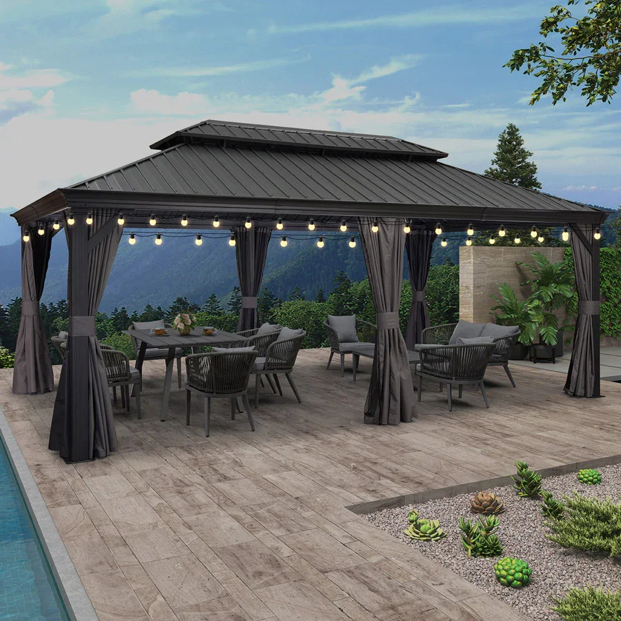 PURPLE LEAF Patio Gazebo for Backyard Grey Hardtop Galvanized Steel Roof Awning with String Lights-clear - Image 106