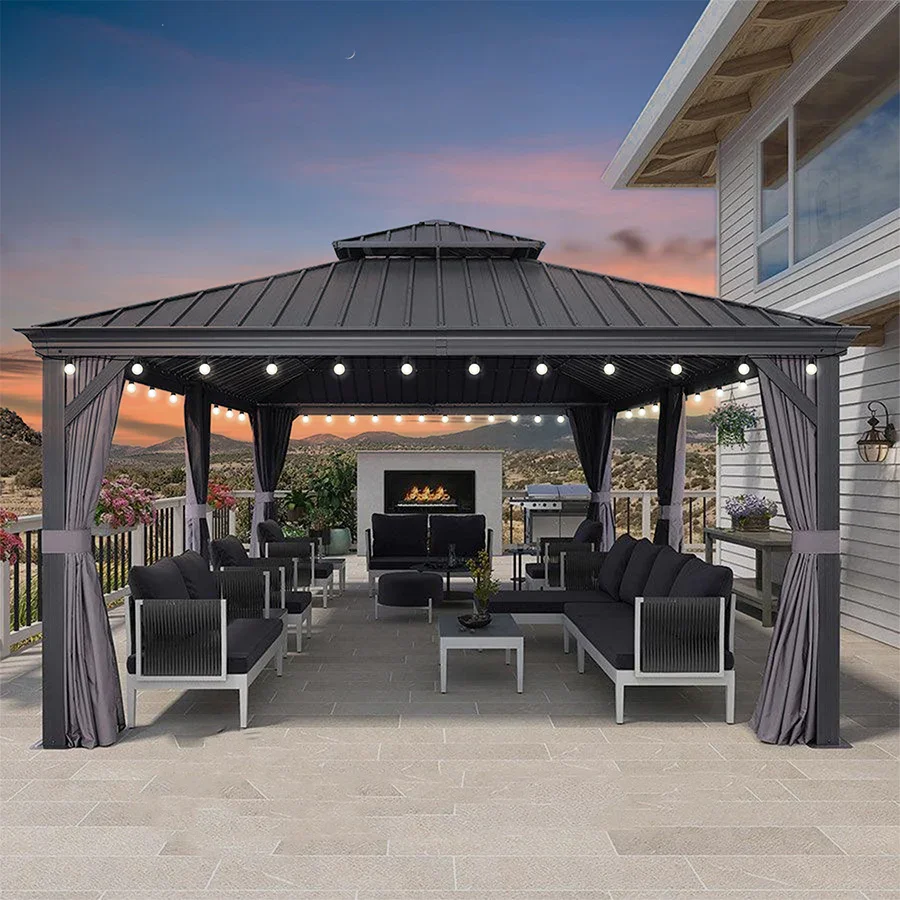PURPLE LEAF Patio Gazebo for Backyard Grey Hardtop Galvanized Steel Roof Awning with String Lights-clear - Image 108