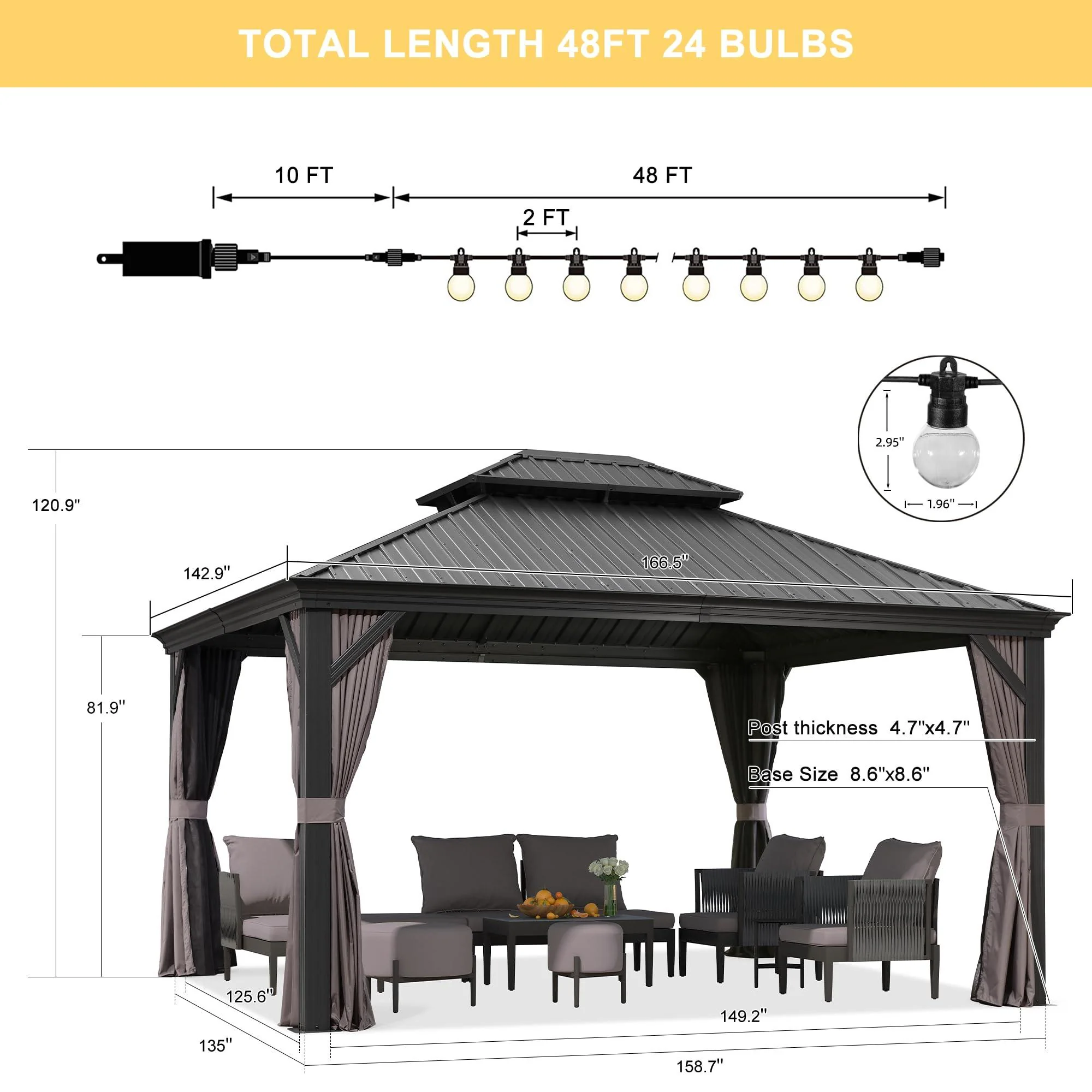 PURPLE LEAF Patio Gazebo for Backyard Grey Hardtop Galvanized Steel Roof Awning with String Lights-clear - Image 11
