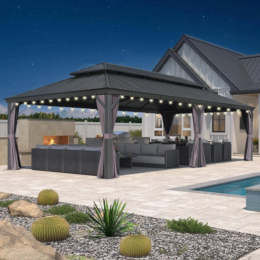 PURPLE LEAF Patio Gazebo for Backyard Grey Hardtop Galvanized Steel Roof Awning with String Lights-clear - Image 116