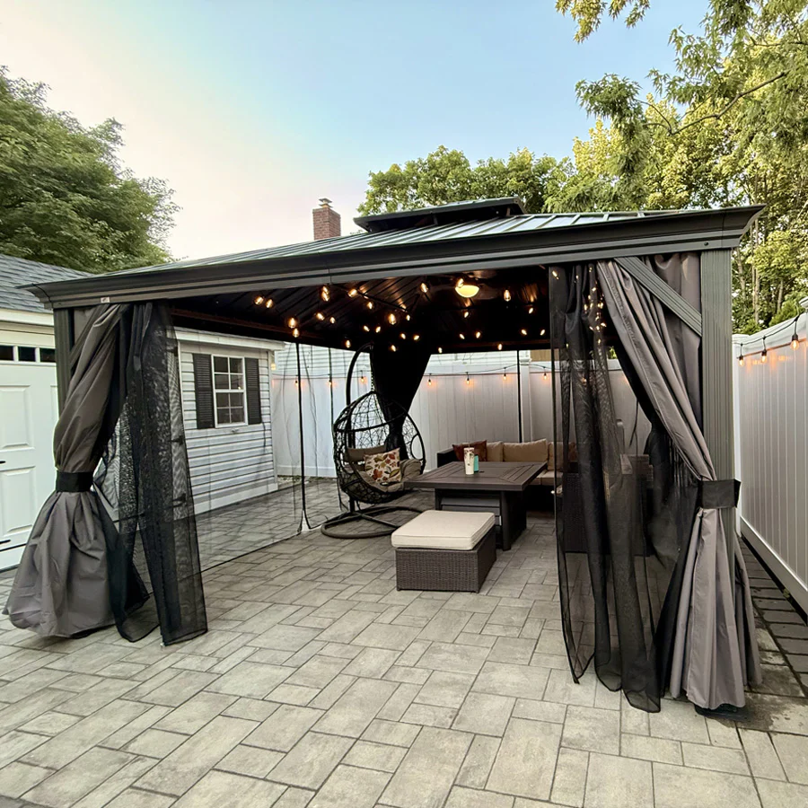 PURPLE LEAF Patio Gazebo for Backyard Grey Hardtop Galvanized Steel Roof Awning with String Lights-clear - Image 143