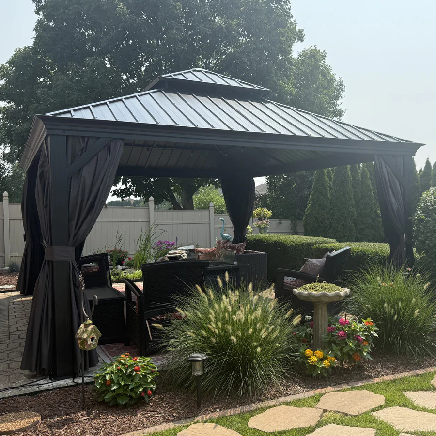 PURPLE LEAF Patio Gazebo for Backyard Grey Hardtop Galvanized Steel Roof Awning with String Lights-clear - Image 149