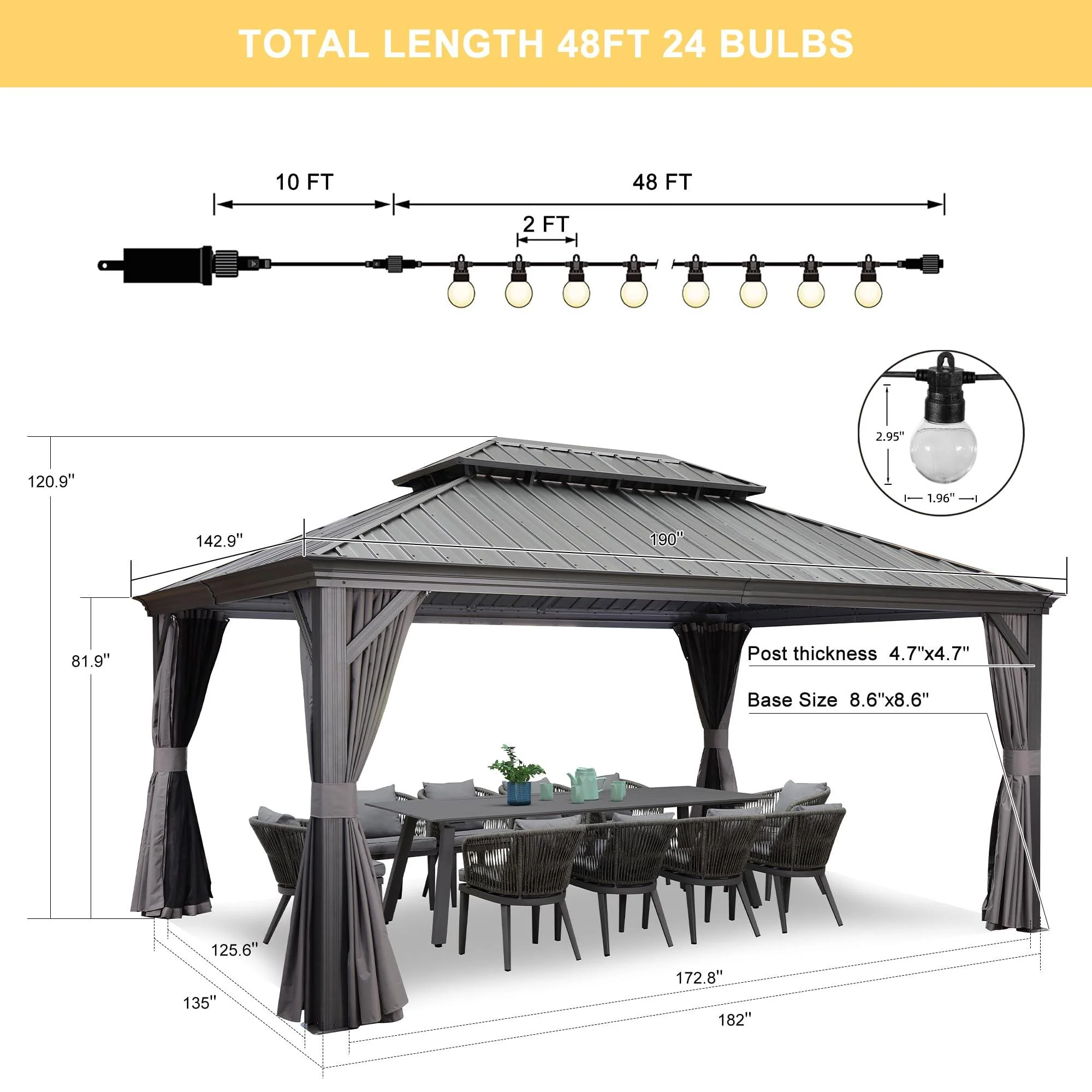 PURPLE LEAF Patio Gazebo for Backyard Grey Hardtop Galvanized Steel Roof Awning with String Lights-clear - Image 16