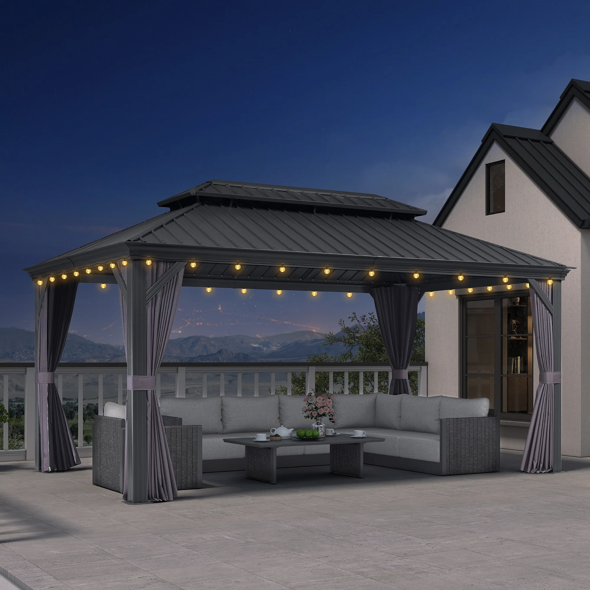 PURPLE LEAF Patio Gazebo for Backyard Grey Hardtop Galvanized Steel Roof Awning with String Lights-clear - Image 165