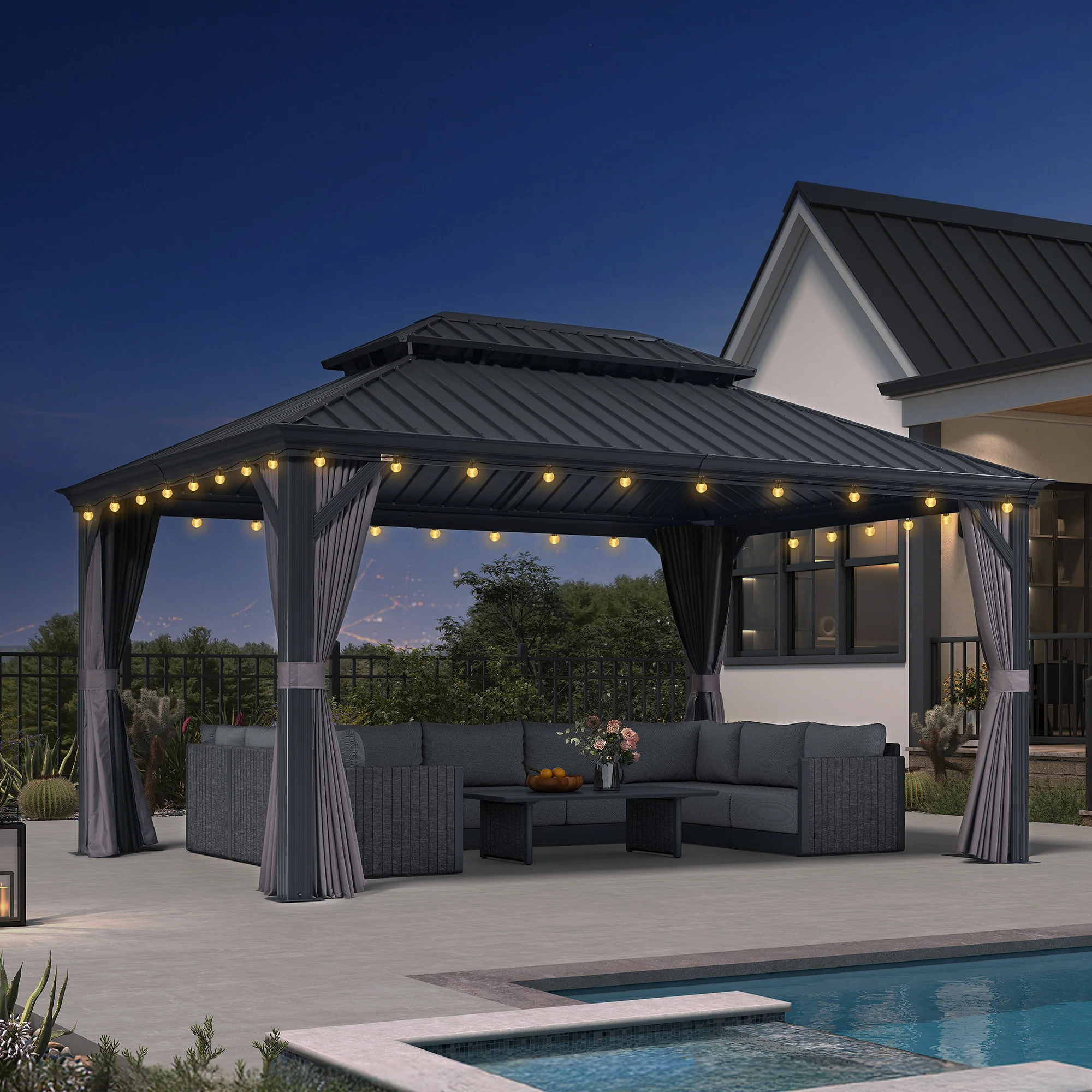 PURPLE LEAF Patio Gazebo for Backyard Grey Hardtop Galvanized Steel Roof Awning with String Lights-clear - Image 167