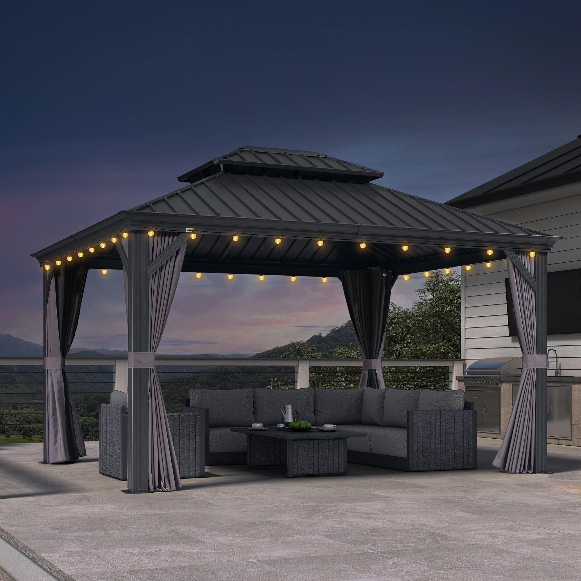 PURPLE LEAF Patio Gazebo for Backyard Grey Hardtop Galvanized Steel Roof Awning with String Lights-clear - Image 168