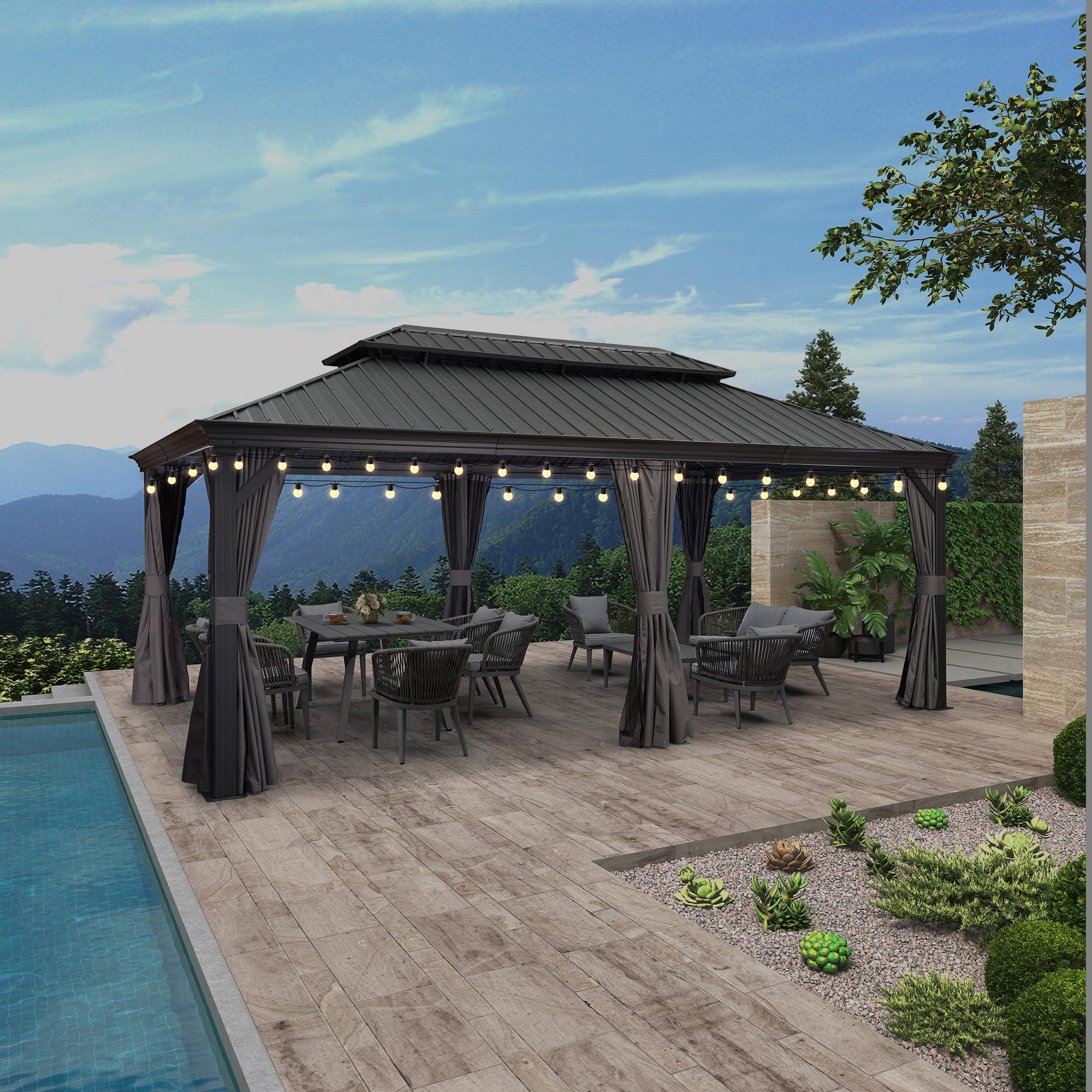 PURPLE LEAF Patio Gazebo for Backyard Grey Hardtop Galvanized Steel Roof Awning with String Lights-clear - Image 18