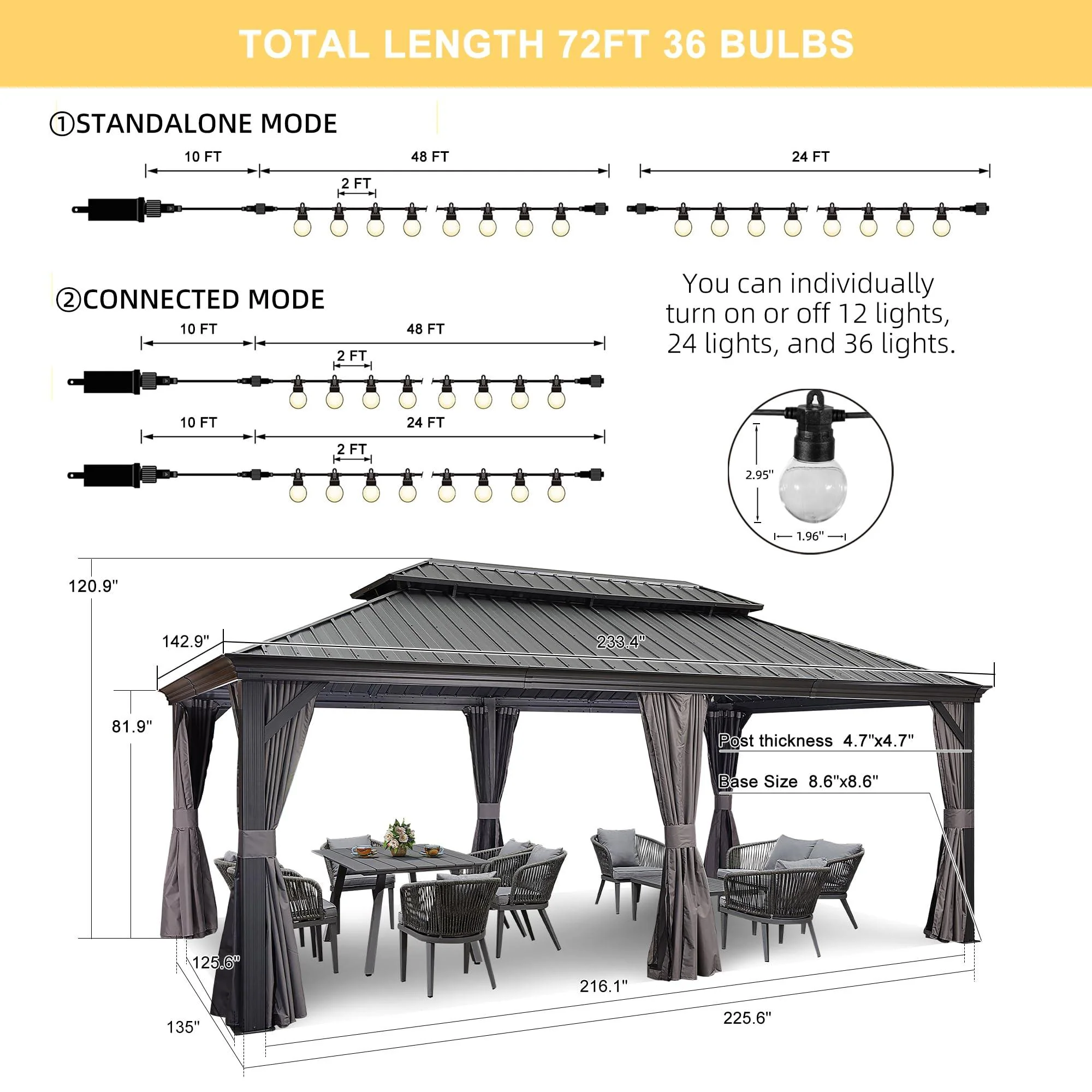 PURPLE LEAF Patio Gazebo for Backyard Grey Hardtop Galvanized Steel Roof Awning with String Lights-clear - Image 22
