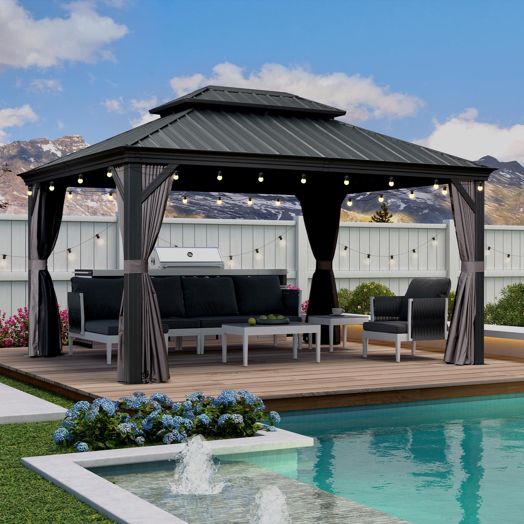 PURPLE LEAF Patio Gazebo for Backyard Grey Hardtop Galvanized Steel Roof Awning with String Lights-clear - Image 26