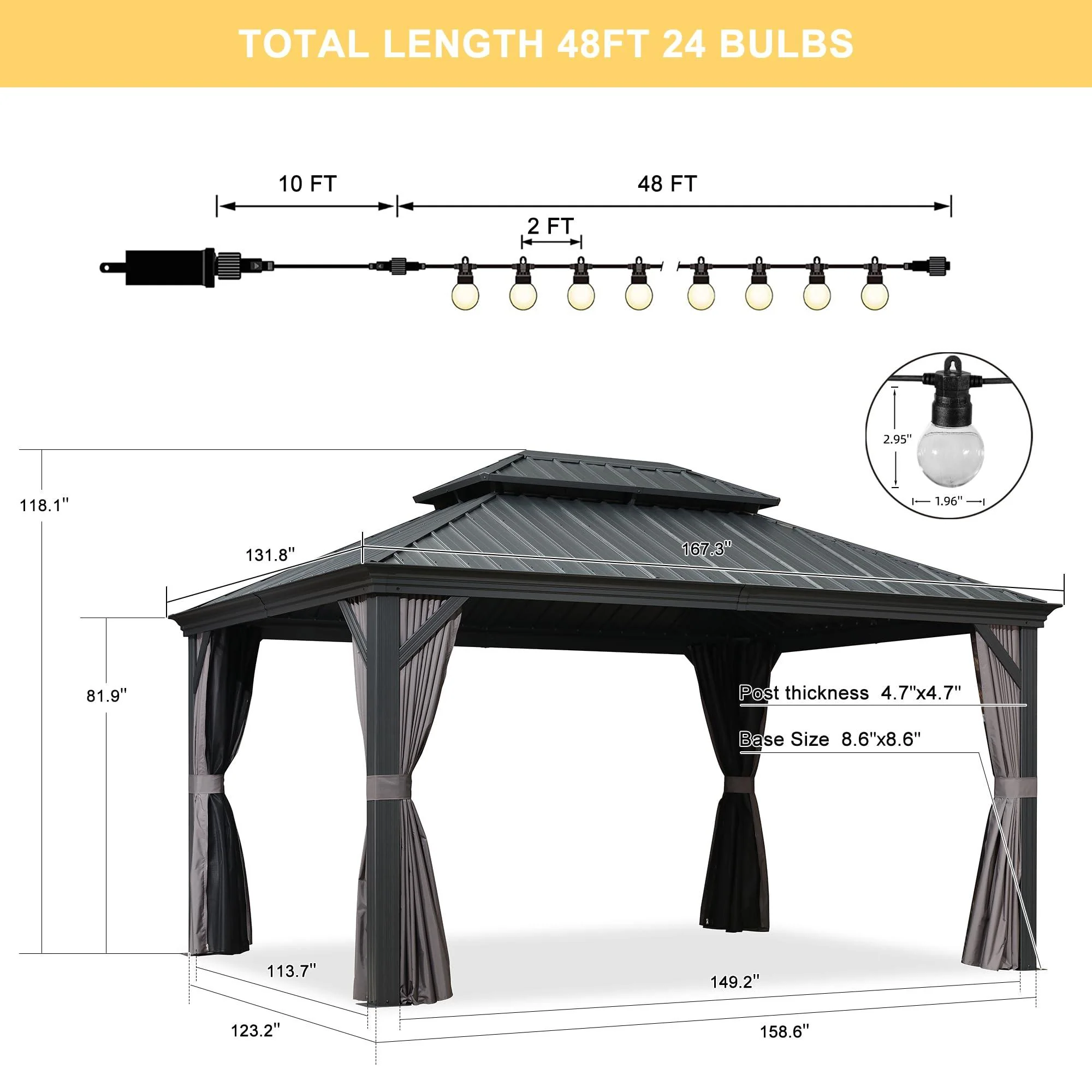 PURPLE LEAF Patio Gazebo for Backyard Grey Hardtop Galvanized Steel Roof Awning with String Lights-clear - Image 27