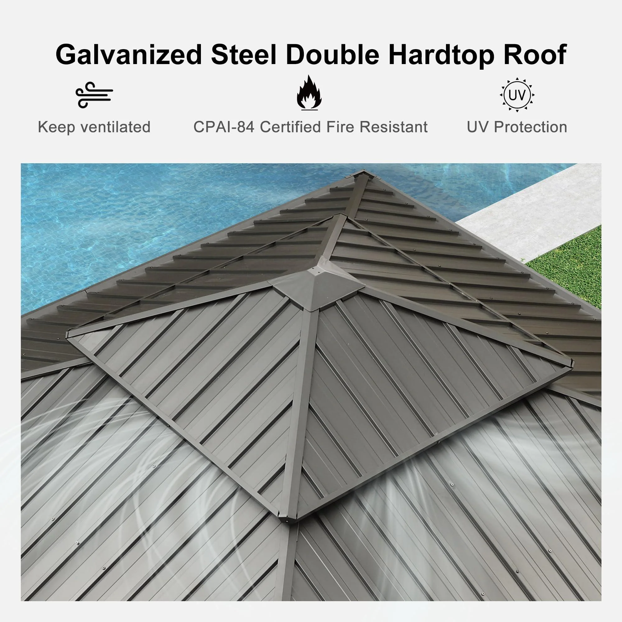 PURPLE LEAF Patio Gazebo for Backyard Grey Hardtop Galvanized Steel Roof Awning with String Lights-clear - Image 29