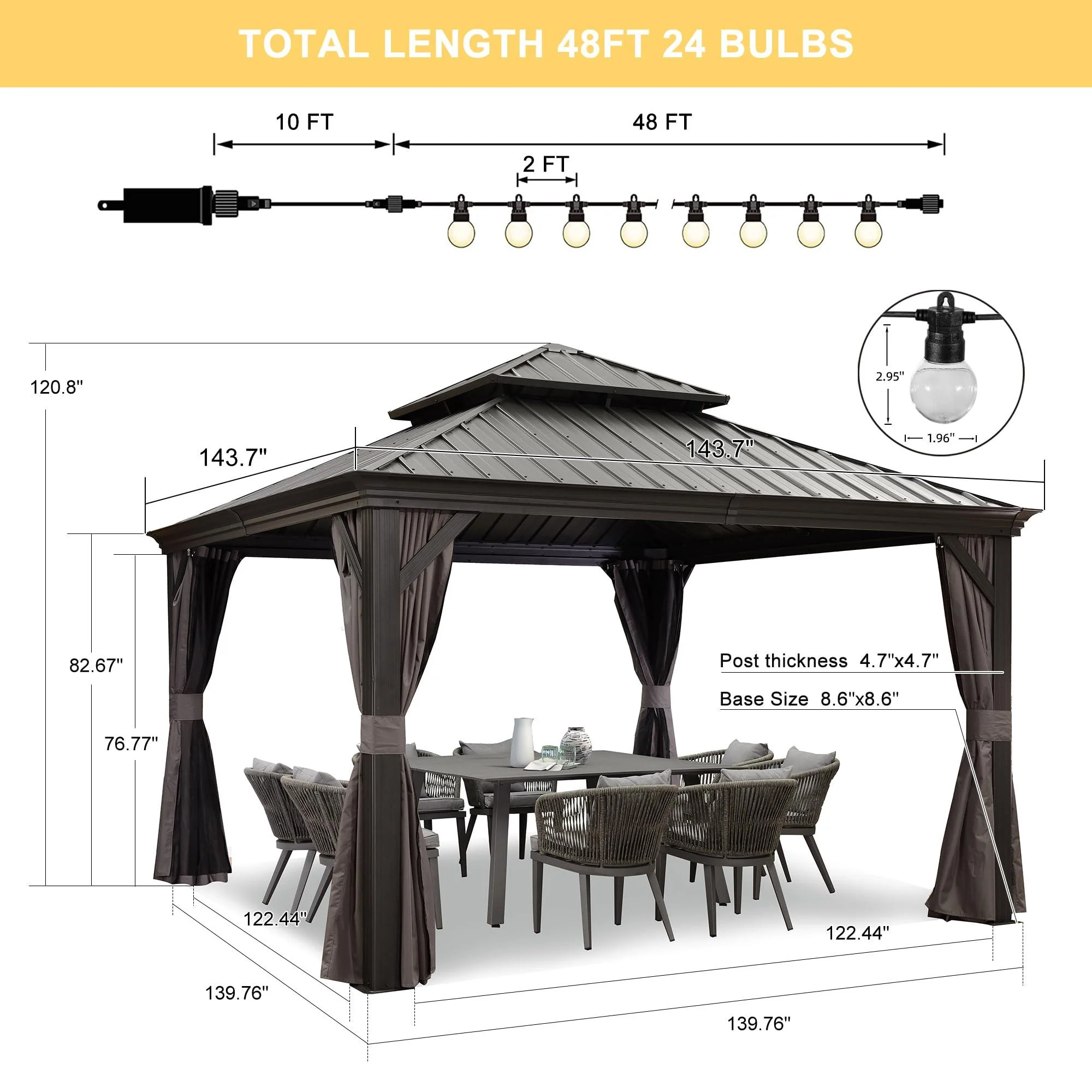 PURPLE LEAF Patio Gazebo for Backyard Grey Hardtop Galvanized Steel Roof Awning with String Lights-clear - Image 33