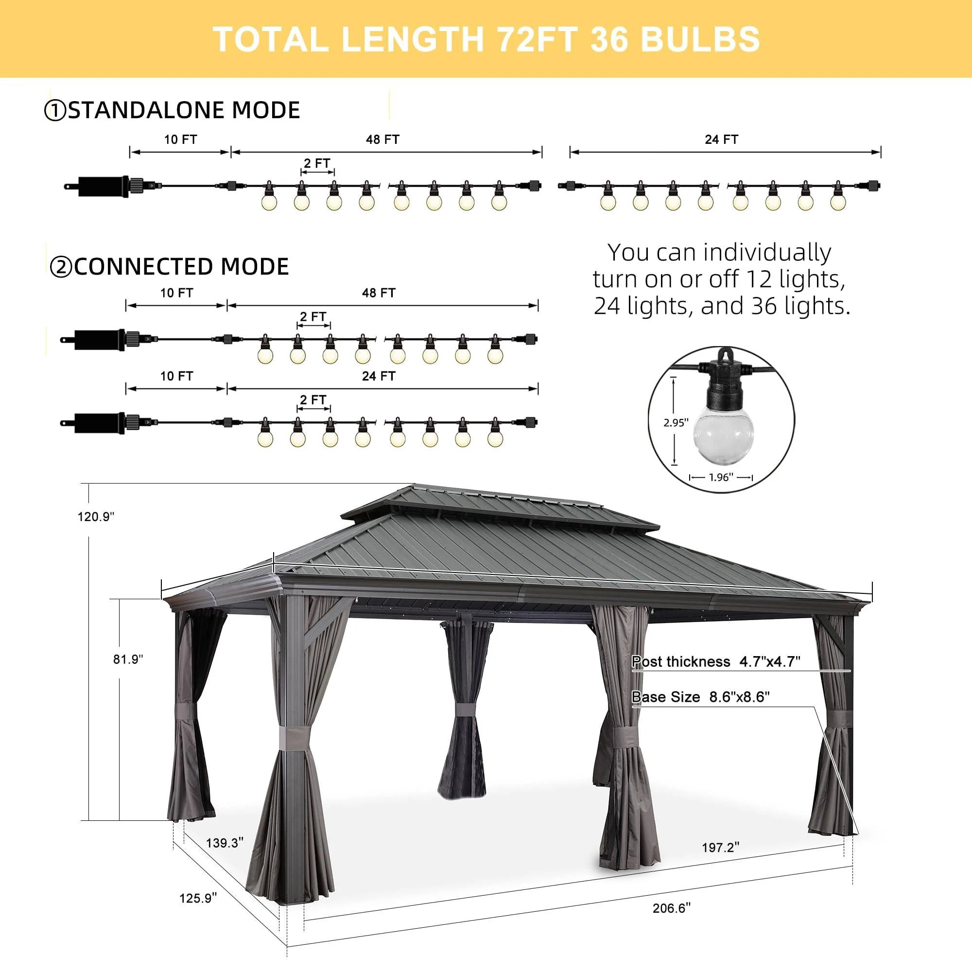 PURPLE LEAF Patio Gazebo for Backyard Grey Hardtop Galvanized Steel Roof Awning with String Lights-clear - Image 39