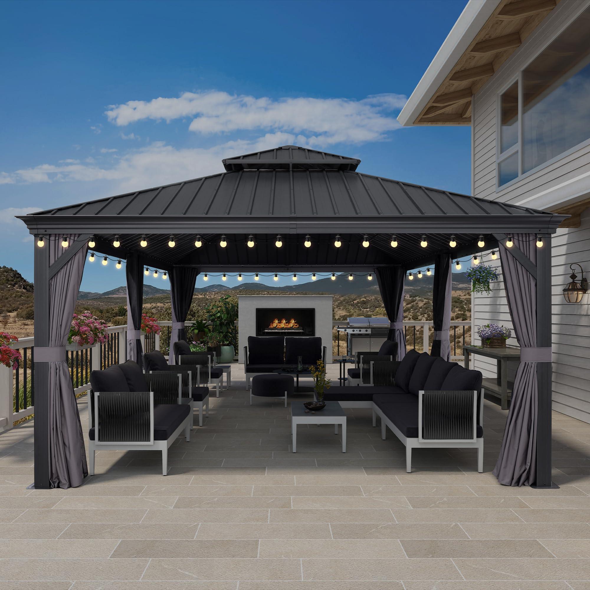 PURPLE LEAF Patio Gazebo for Backyard Grey Hardtop Galvanized Steel Roof Awning with String Lights-clear - Image 42