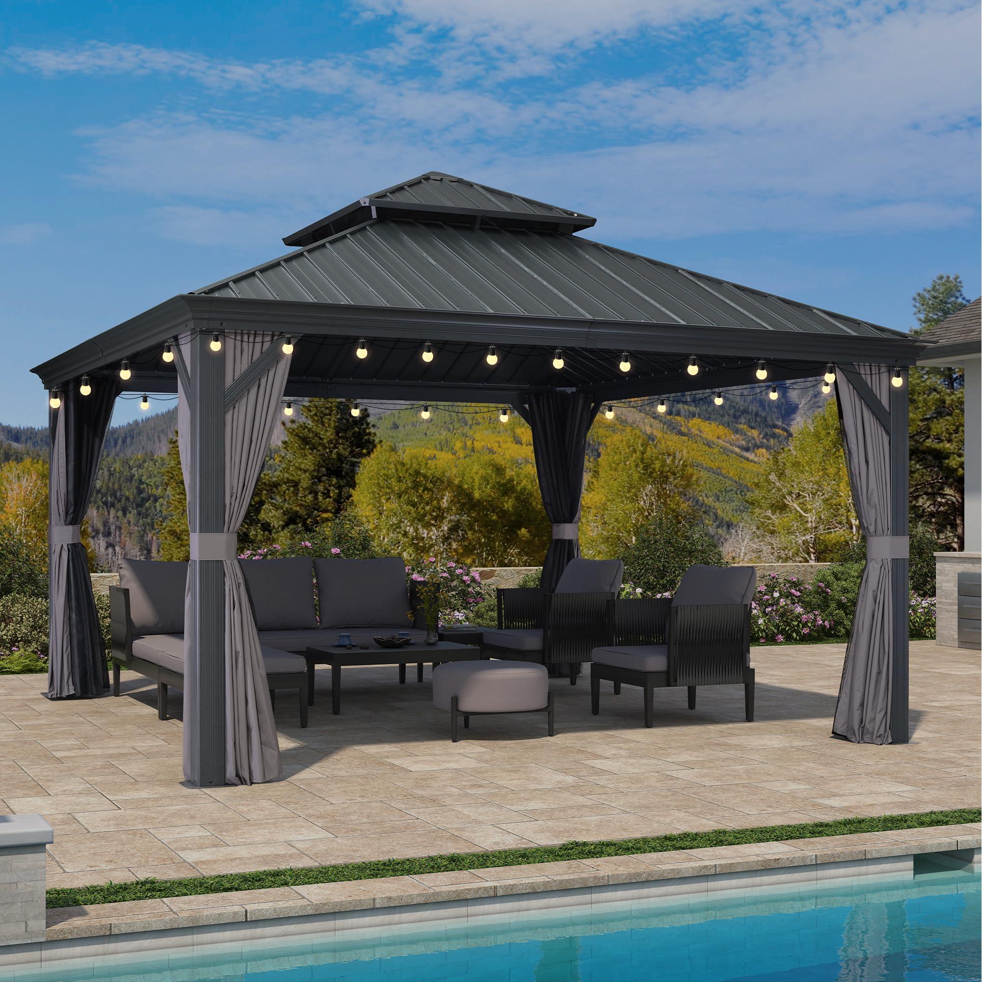 PURPLE LEAF Patio Gazebo for Backyard Grey Hardtop Galvanized Steel Roof Awning with String Lights-clear - Image 46
