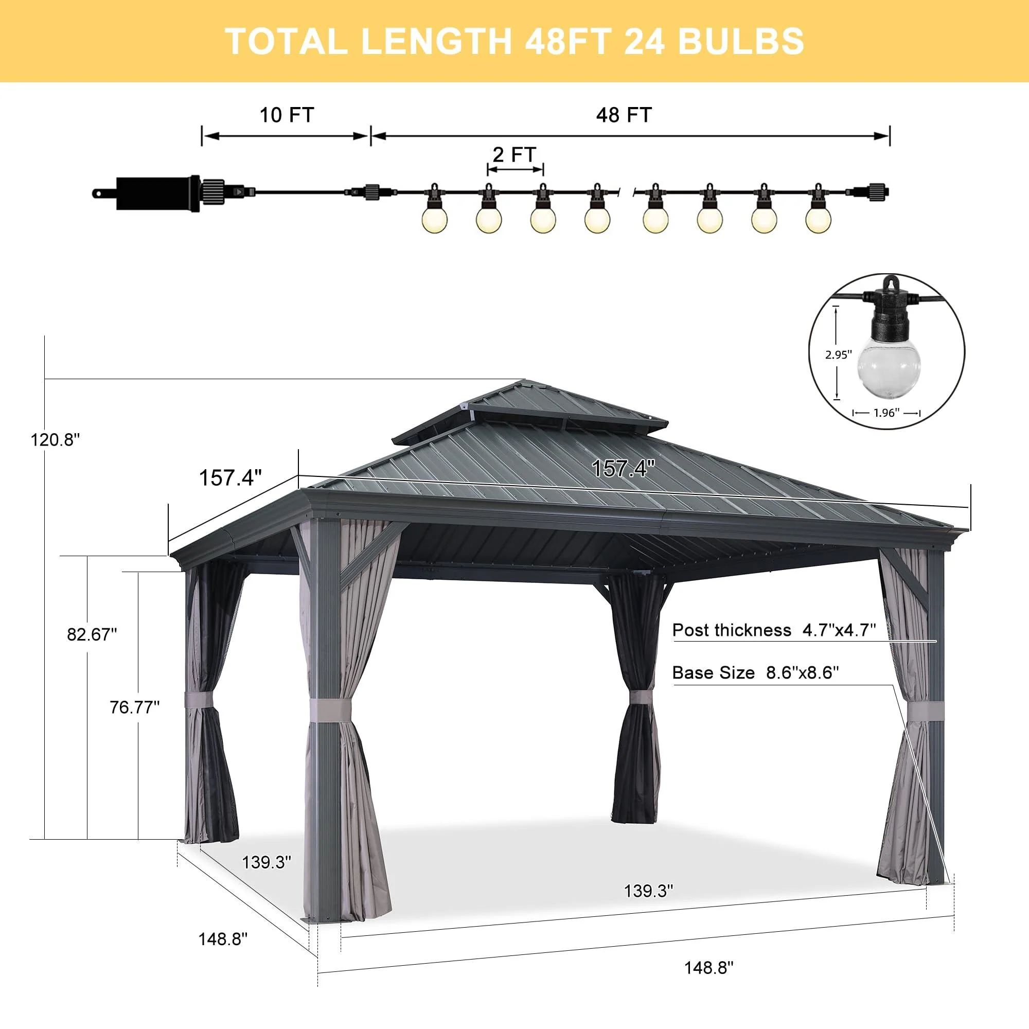 PURPLE LEAF Patio Gazebo for Backyard Grey Hardtop Galvanized Steel Roof Awning with String Lights-clear - Image 48