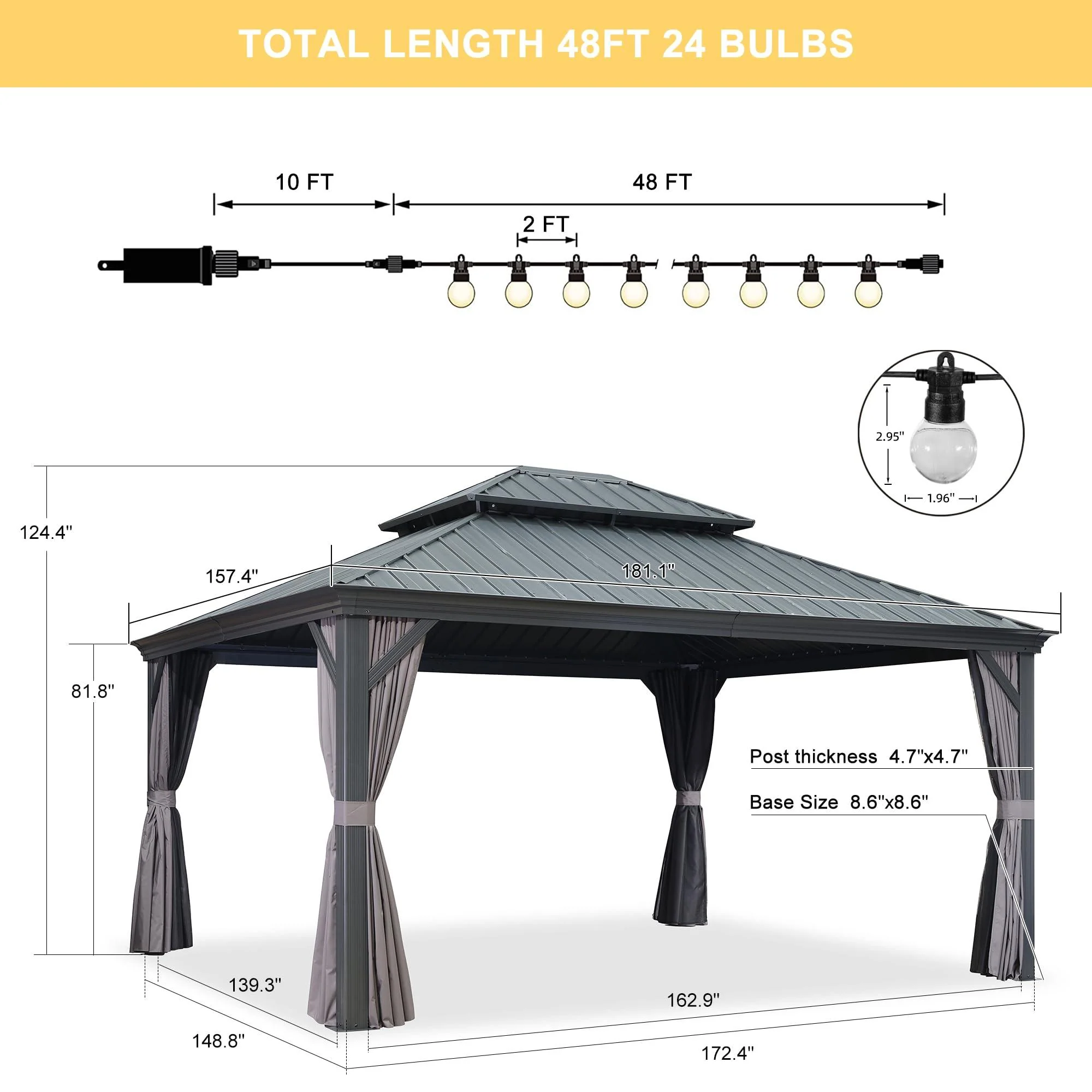 PURPLE LEAF Patio Gazebo for Backyard Grey Hardtop Galvanized Steel Roof Awning with String Lights-clear - Image 53