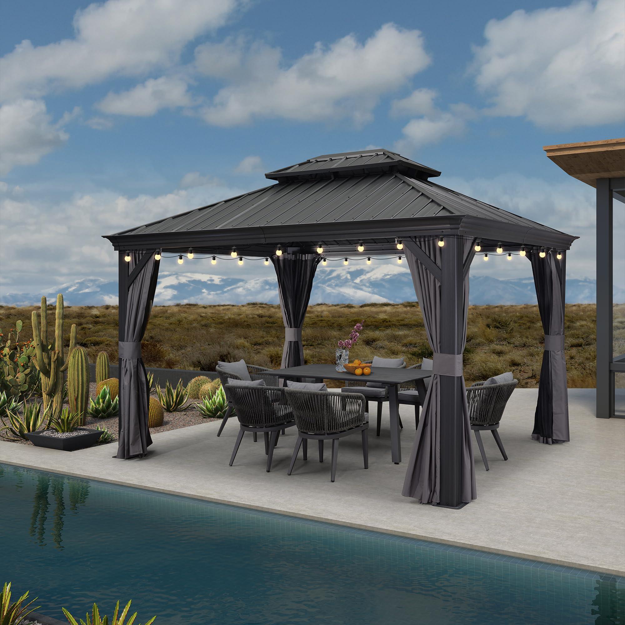 PURPLE LEAF Patio Gazebo for Backyard Grey Hardtop Galvanized Steel Roof Awning with String Lights-clear - Image 60