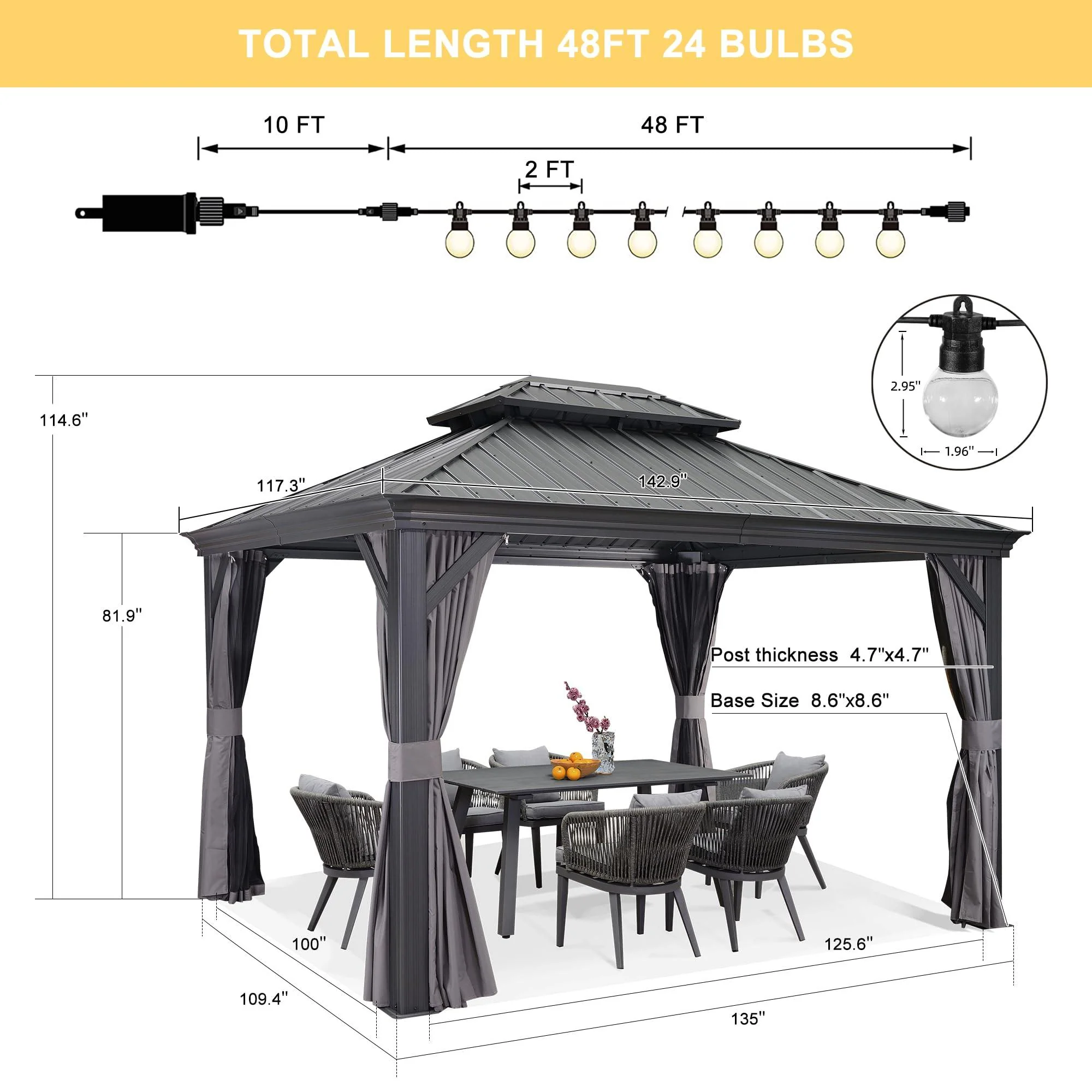 PURPLE LEAF Patio Gazebo for Backyard Grey Hardtop Galvanized Steel Roof Awning with String Lights-clear - Image 63