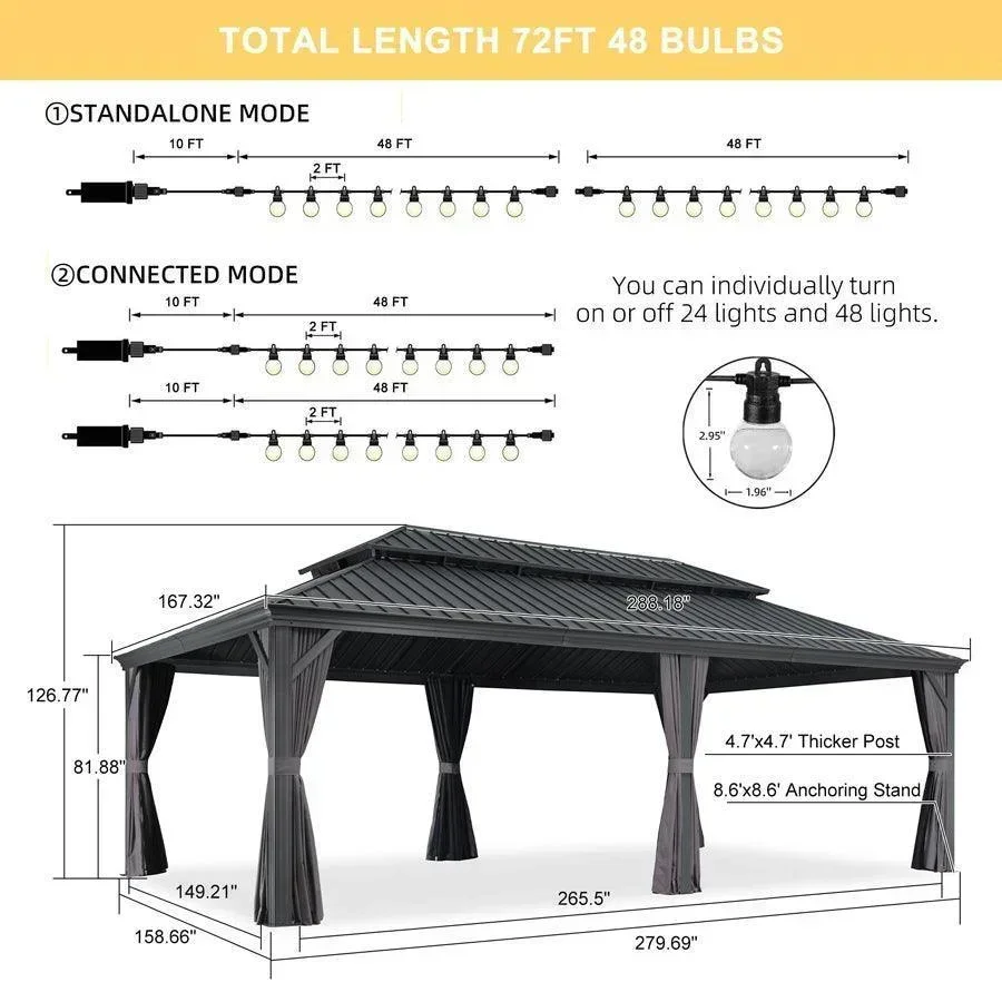 PURPLE LEAF Patio Gazebo for Backyard Grey Hardtop Galvanized Steel Roof Awning with String Lights-clear - Image 68