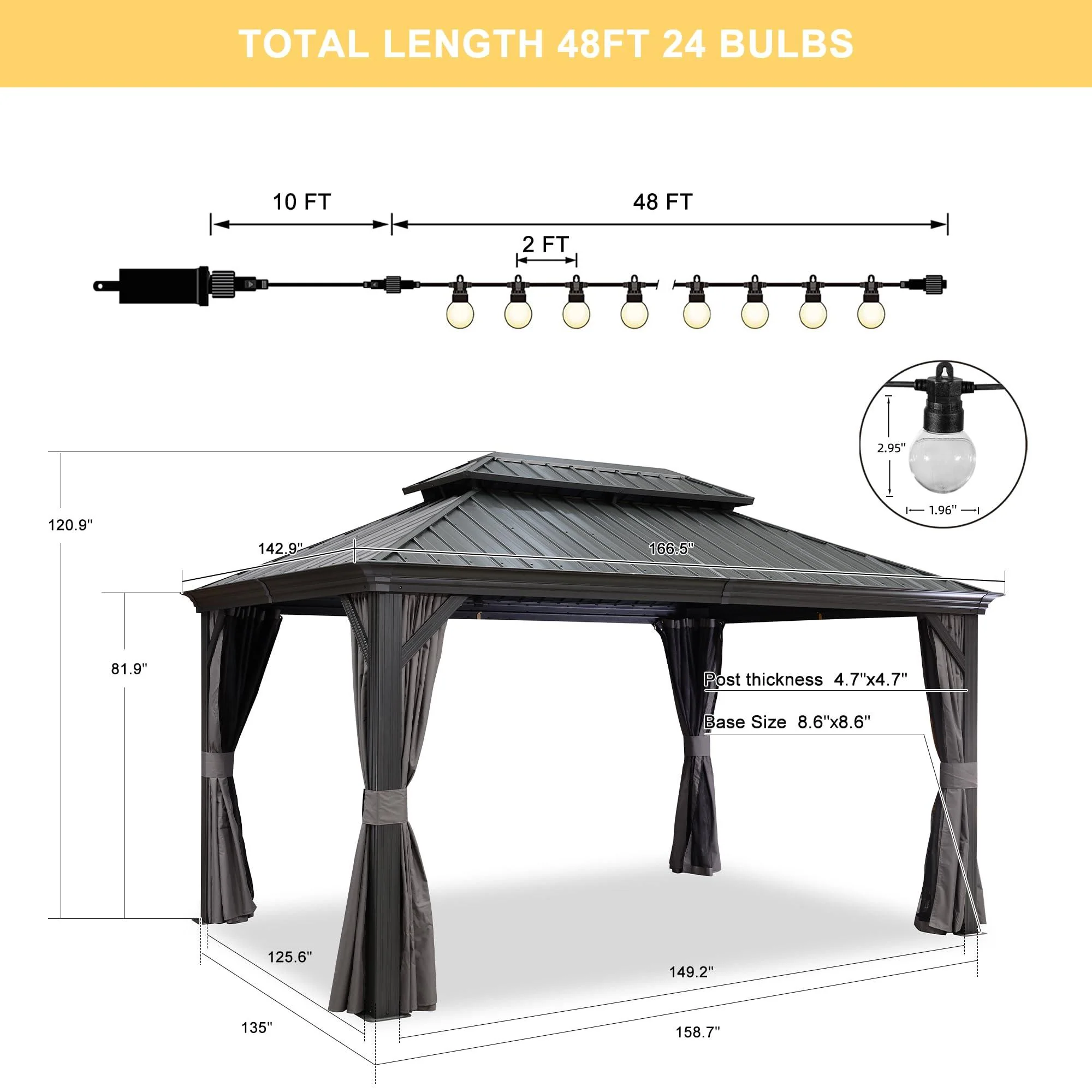 PURPLE LEAF Patio Gazebo for Backyard Grey Hardtop Galvanized Steel Roof Awning with String Lights-clear - Image 7
