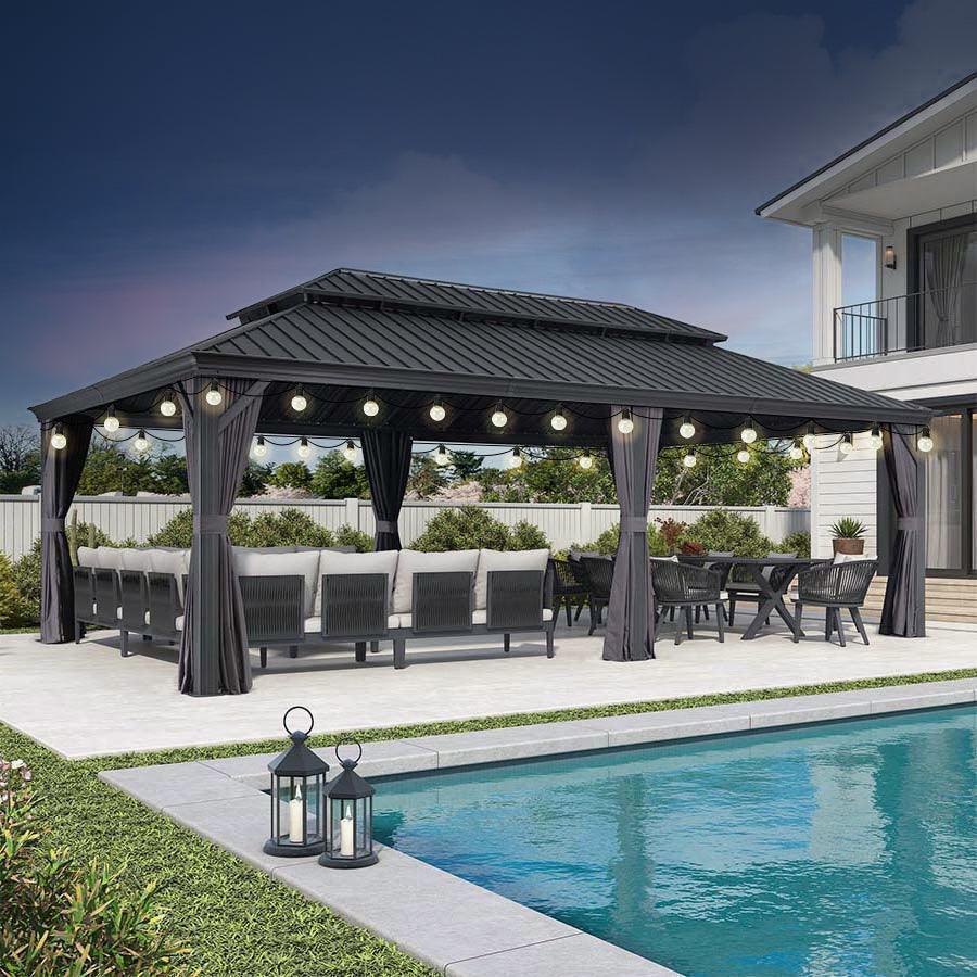 PURPLE LEAF Patio Gazebo for Backyard Grey Hardtop Galvanized Steel Roof Awning with String Lights-clear - Image 70