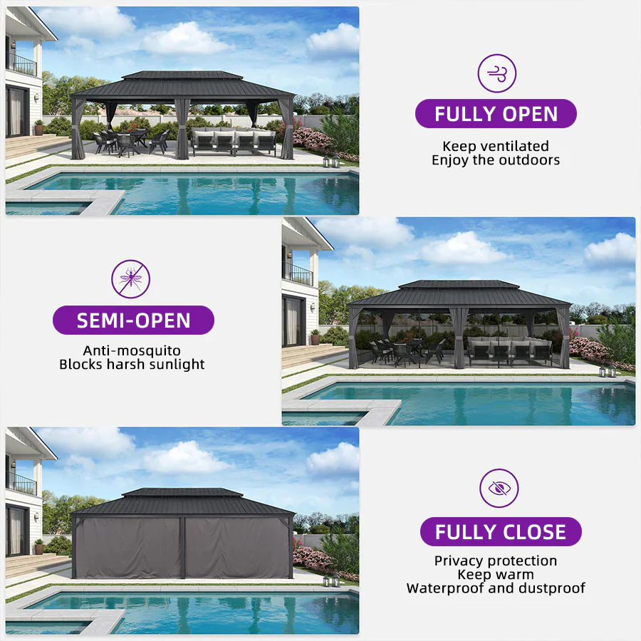 PURPLE LEAF Patio Gazebo for Backyard Grey Hardtop Galvanized Steel Roof Awning with String Lights-clear - Image 87