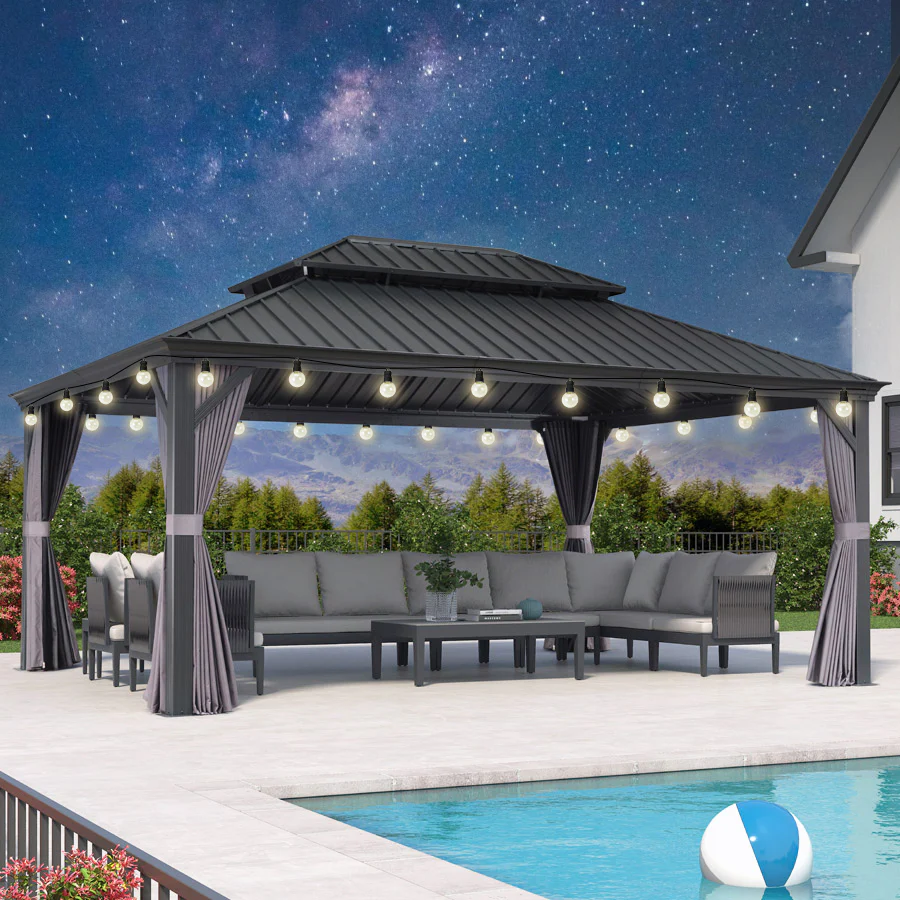 PURPLE LEAF Patio Gazebo for Backyard Grey Hardtop Galvanized Steel Roof Awning with String Lights-clear - Image 88