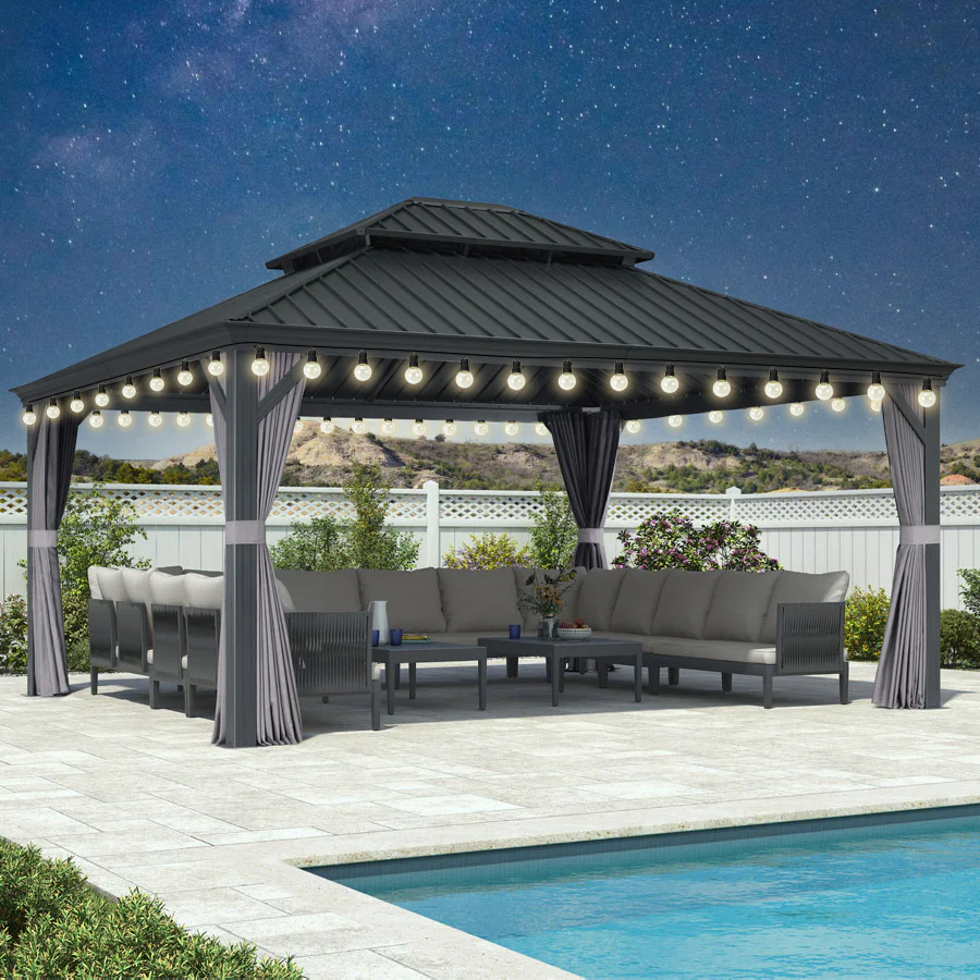 PURPLE LEAF Patio Gazebo for Backyard Grey Hardtop Galvanized Steel Roof Awning with String Lights-clear - Image 90