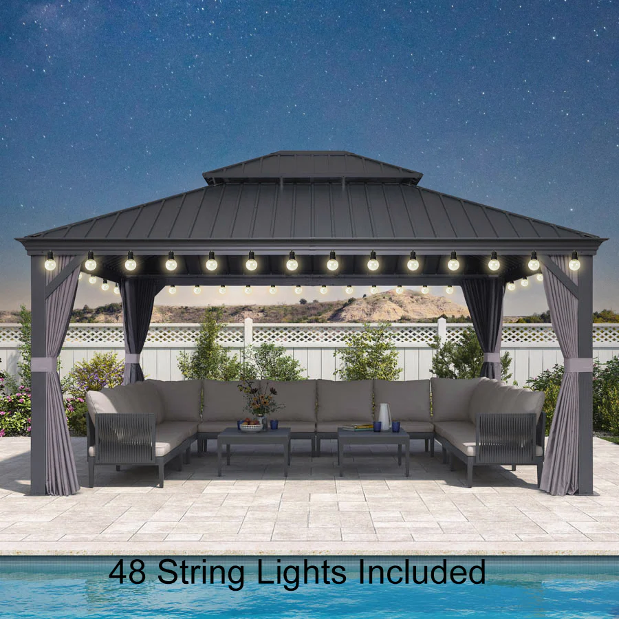 PURPLE LEAF Patio Gazebo for Backyard Grey Hardtop Galvanized Steel Roof Awning with String Lights-clear - Image 91