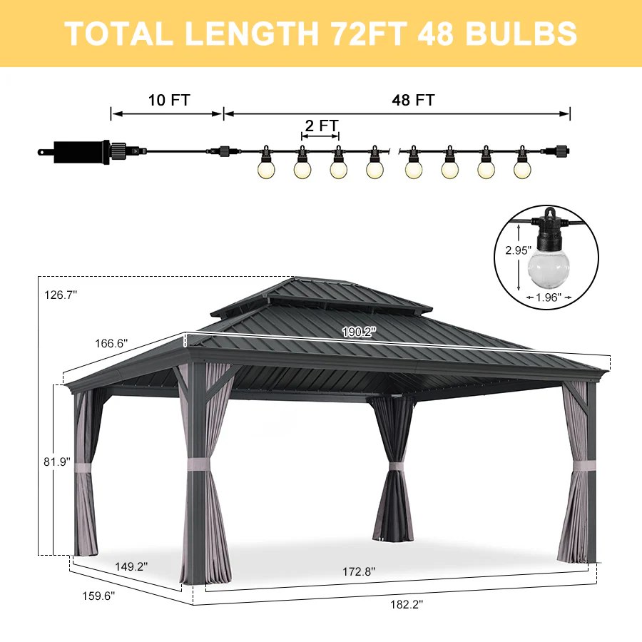 PURPLE LEAF Patio Gazebo for Backyard Grey Hardtop Galvanized Steel Roof Awning with String Lights-clear - Image 92