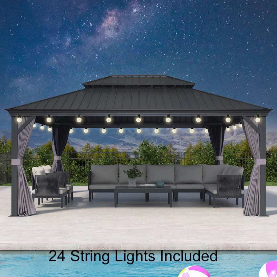 PURPLE LEAF Patio Gazebo for Backyard Grey Hardtop Galvanized Steel Roof Awning with String Lights-clear - Image 94